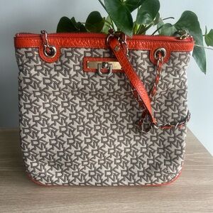 DKNY Tan and Red Monogram Shoulder Bag